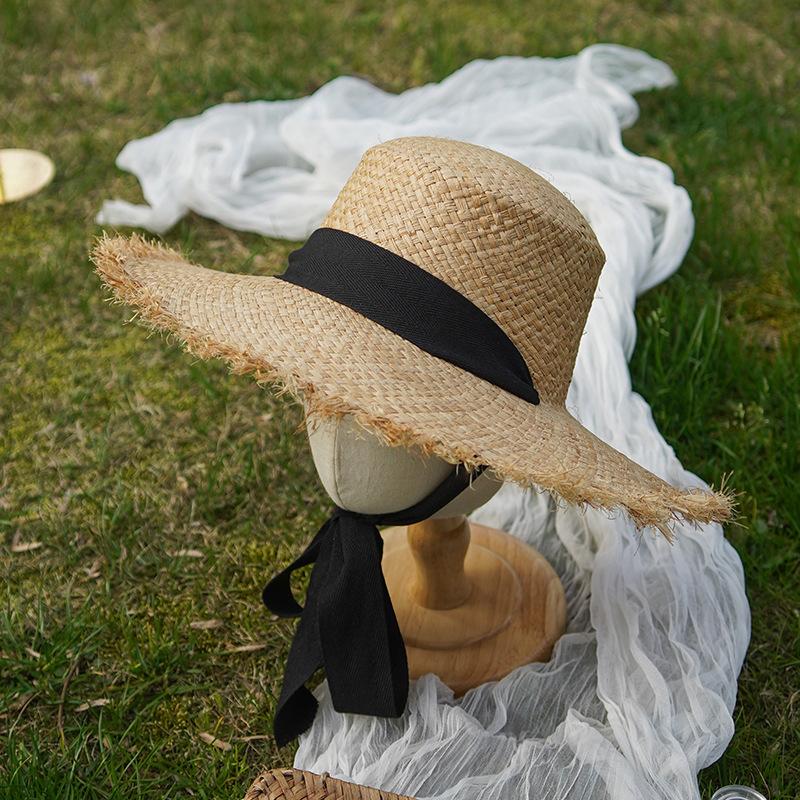 

Hand-woven Raffia Hat Women s Summer Eaves Vacation Wind Flat Top Sun Hat Seaside Beach Burr Straw Hat Adjustable