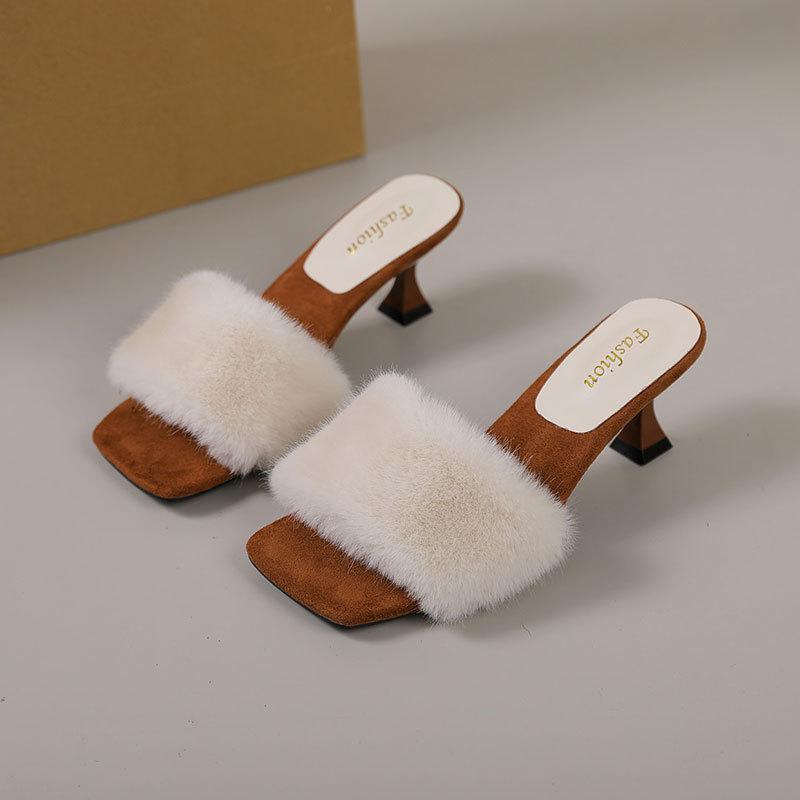 

French high-end fluffy slippers women s 2025 autumn and winter new fashion one-word drag lightweight high-heeled slippers 35