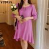 VONDA Women Casual Round Neck 3/4 Sleeve Irregular Ruffled Tunic Dress