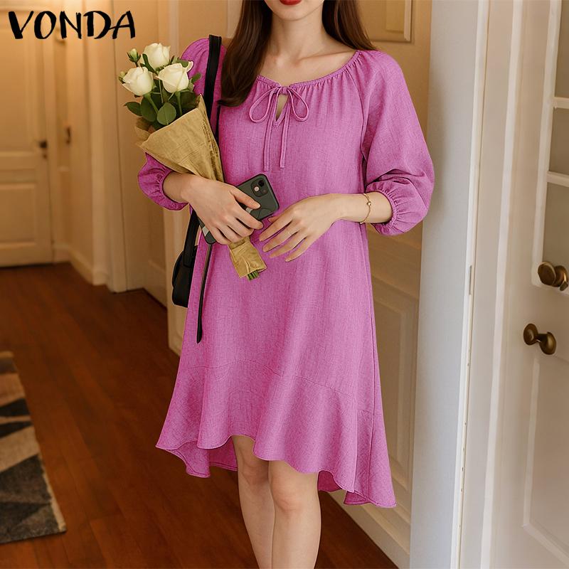 VONDA Women Casual Round Neck 3/4 Sleeve Irregular Ruffled Tunic Dress