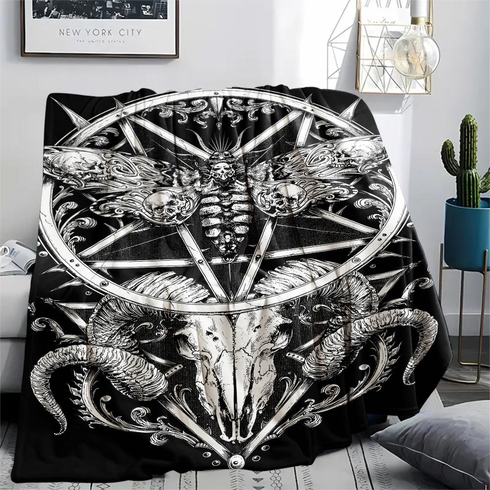 1Pc Skull Satan Print Flannel Blanket, High Quality Comfortable for All Seasons, Home Decor, Warmth and Comfort, Perfect for Christmas Gifts