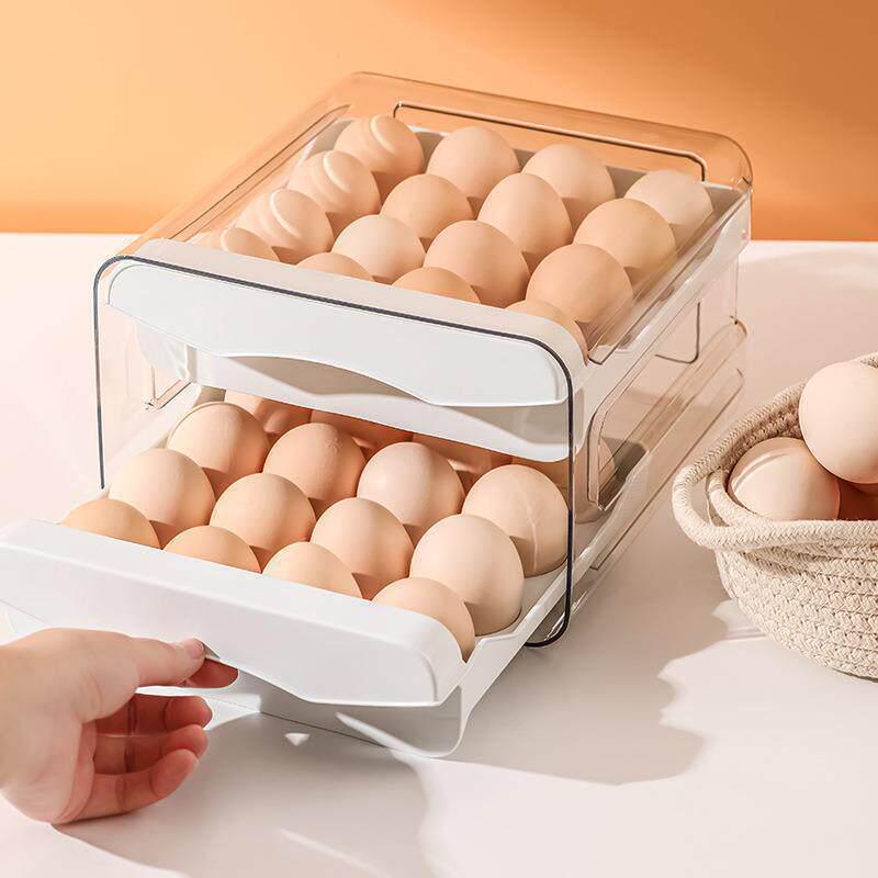 Caixa de Armazenamento de Ovos de Camada Dupla com 32 Compartimentos, Grande Capacidade, Empilhável, Gaveta Transparente para Conservação Fresca no Refrigerador.
