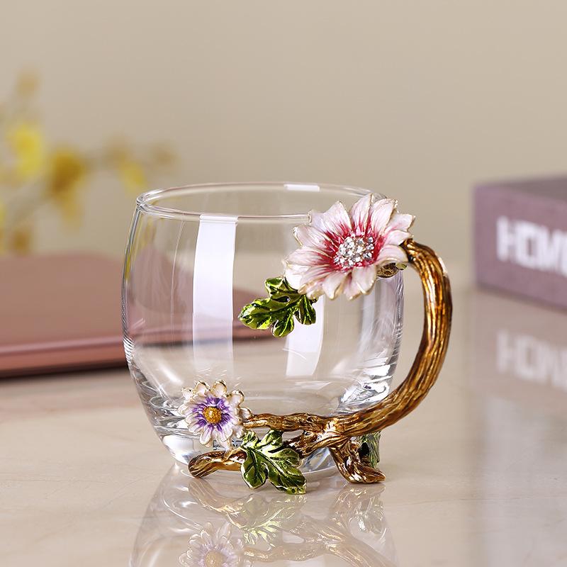Paris March Enamel Flower Tea Cup - High-Temp Resistant Crystal Glass Gift for Teacher's Day or Girlfriend