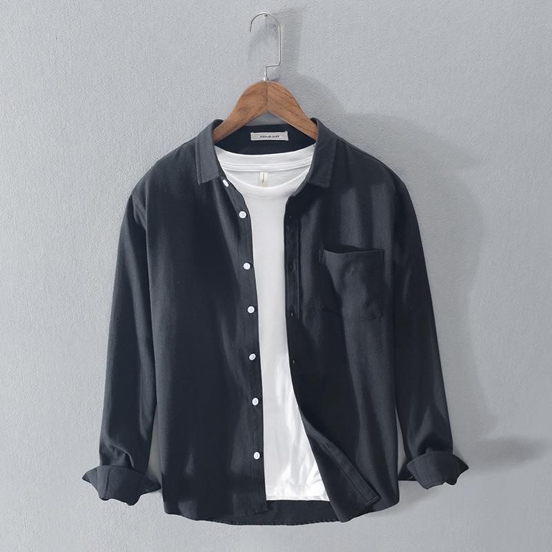 Camicia Casual da Uomo in Misto Lino a Manica Lunga con Colletto Button-Down e Tasca