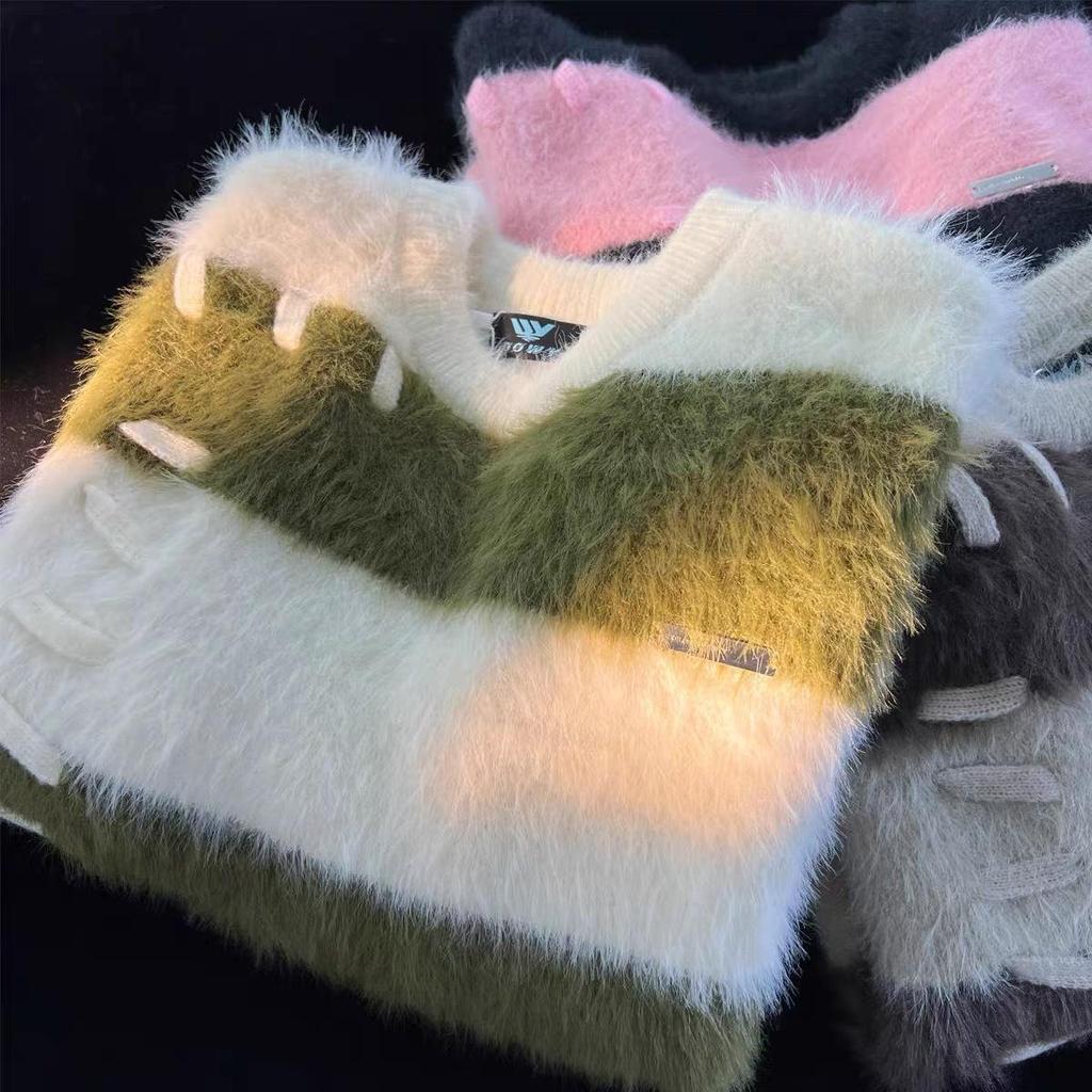 Men's Korean Style Striped Mink Velvet Sweater - Autumn/Winter Fluffy Loose Fit