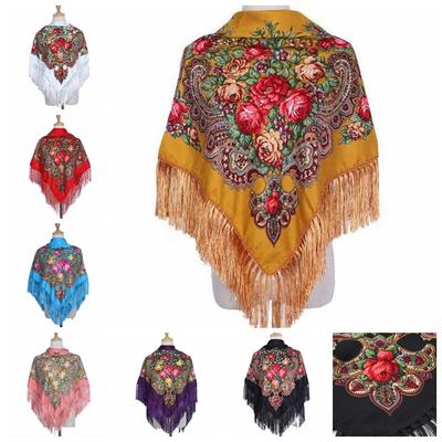 Ethnic Style Cotton Scarf Female Retro Head Scarf Four-sided Tassel Printing Shawl Flower Square Scarf