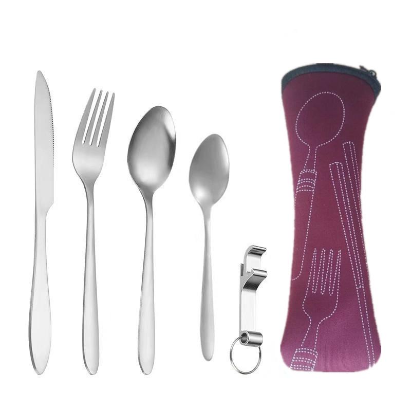 Tragbares Edelstahl-Besteckset - 5-teiliges Reisebesteck mit Messer, Gabel, Löffel und kleinem Löffel für Camping & Outdoor