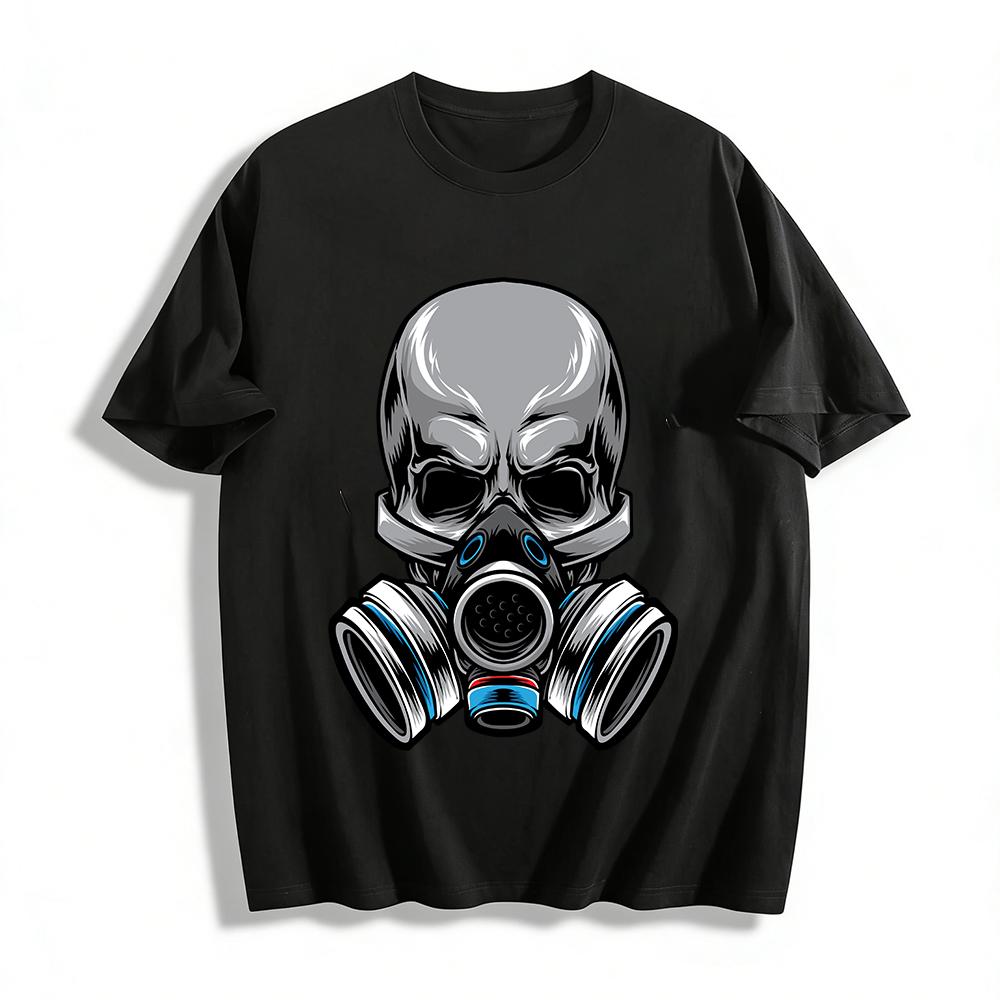 

Skull Gas Mask Print Trendy Loose Casual Short Sleeve T-Shirt Pure cotton T-shirt XXS
