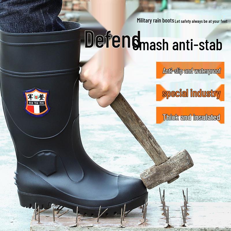 Jun Deng Men's High-Top Waterproof Anti-Smash Puncture-Resistant Work Boots - Durable, Thick-Soled Rain Boots for Construction Sites.