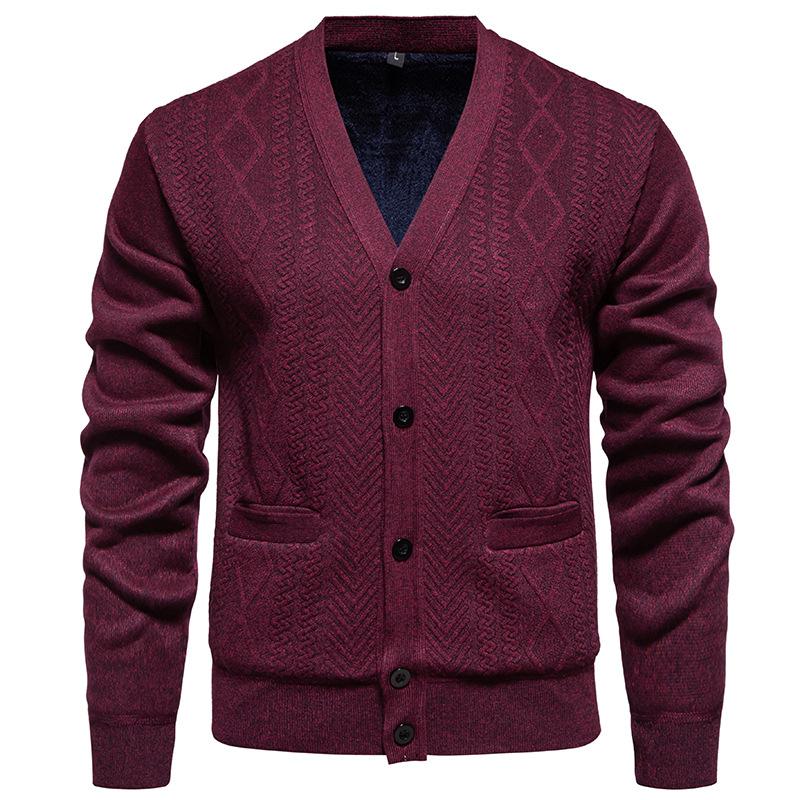 Men's Jacquard Button Cardigan Knitted Sweater Jacket Warm Plus Velvet Sweater Men