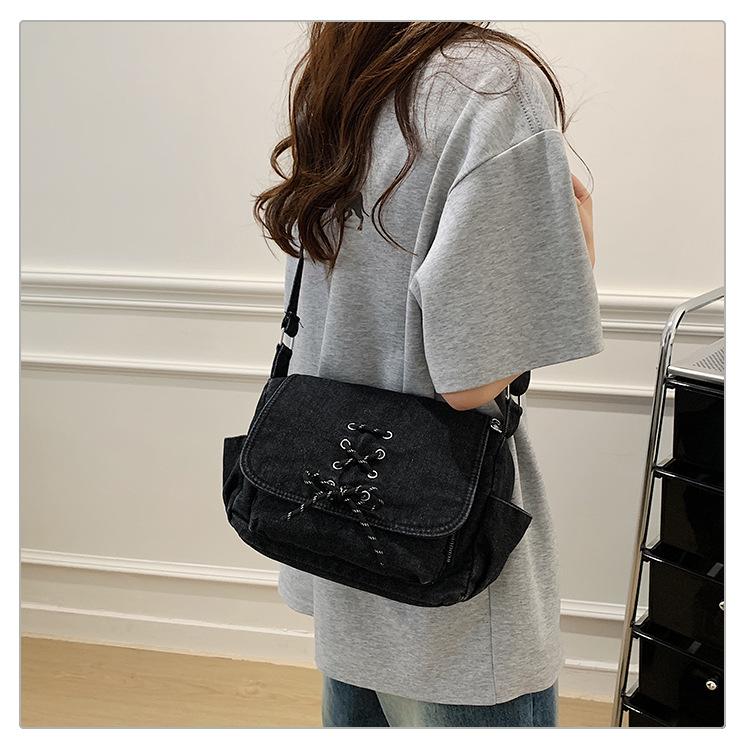 Korean Style Denim One-Shoulder Bag with Drawstring, Large Capacity Crossbody for School and Travel