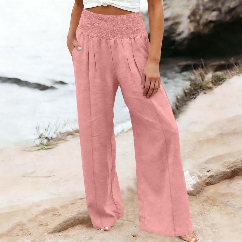 Women High Waist Wide Leg Pants Loose Fit Casual Trousers with Smocked Elastic Waistband and Side Pockets for Daily Wear