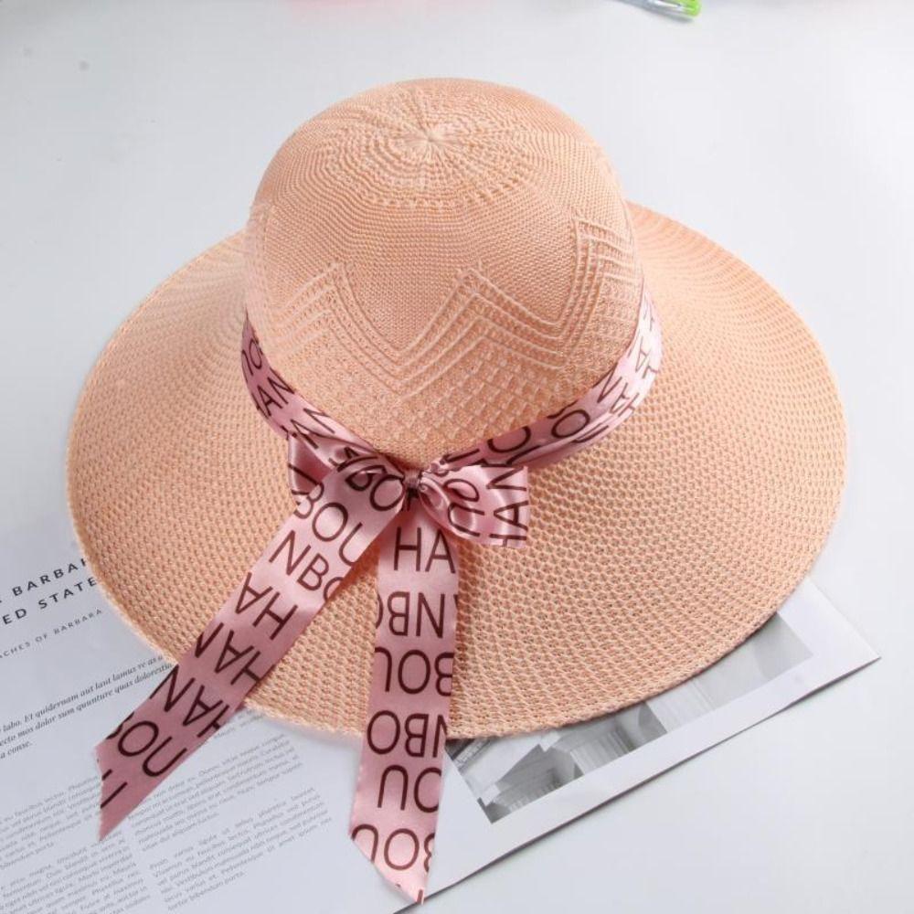 New Summer Women Sun Hat Casual Fashion Bowtie Fisherman Hat Straw Hat with Bow Ribbon Travel Beach Hat