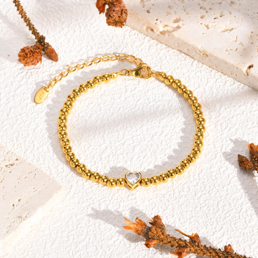Chic Heart Zircon Beaded Chain Bracelet for Women Girls,Gold Plated Stainless Steel Waterproof Bracelets,Exquisite Daily Jewelry