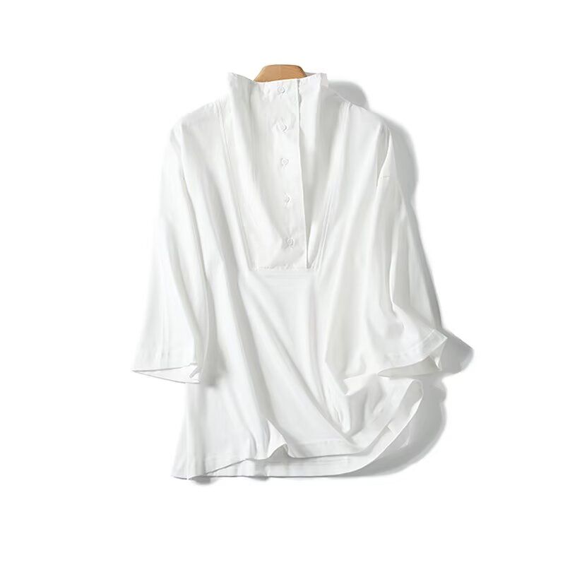 

MD Women s French-Style High-Intelligence and Diligent Style White High Collar Nine-Quarter Sleeve Pure Cotton Shirt Tops 06267544251 White L