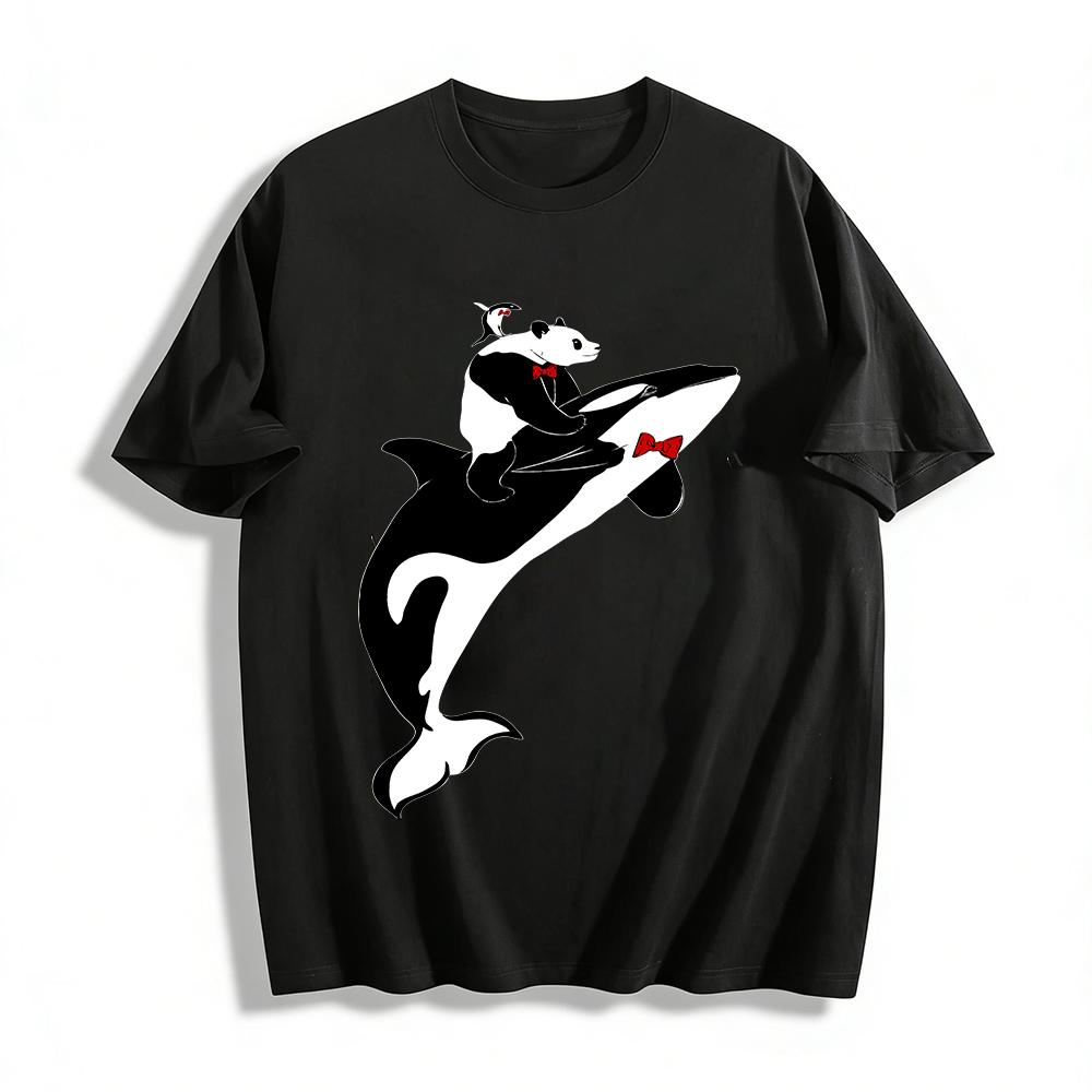 Funny Panda Riding Orca Graphic Casual Top Pure cotton T-shirt XXS