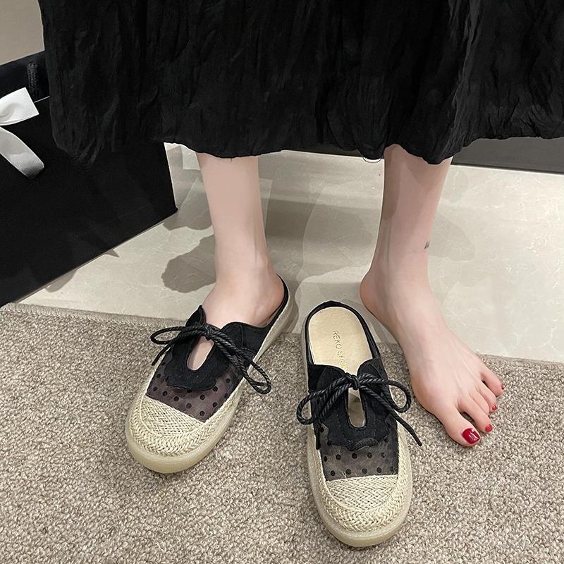 Fashion Fashion Mesh Wrapped Half Slippers Women's New Round Toe Shallow Mouth Splicing Front Lace-up Soft Sole Non-slip Flat Shoes