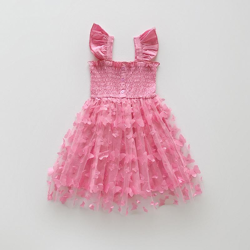 3D Butterfly Mesh Puff Sleeve Girls' Dress - 2025 Summer Smocked Waist Baby Princess Style