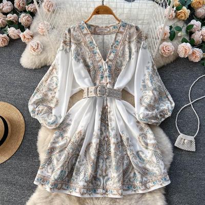 Franse Vintage V-hals Plooien Riem Print Lange Lantaarnmouw Enkelrijige Jurk Casual Dames Herfst Korte Jurken
