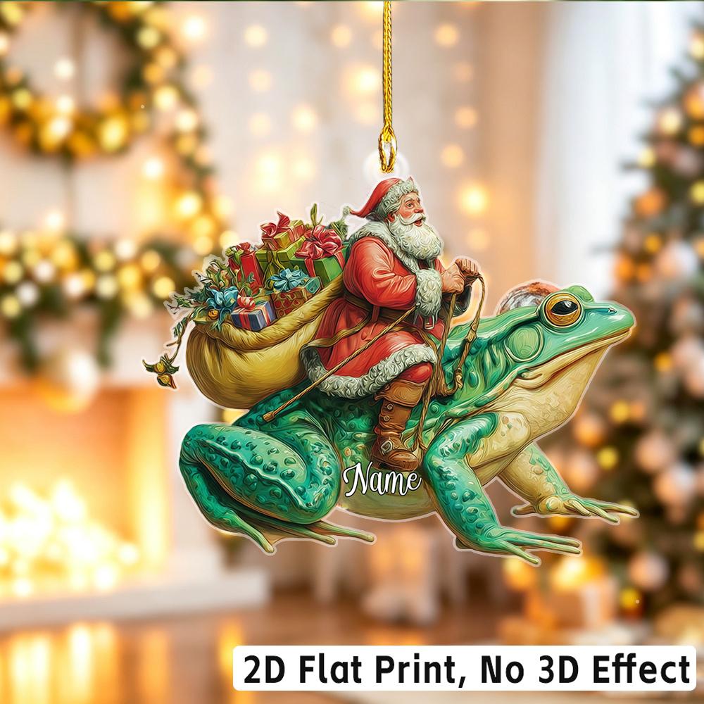2D Flat‑Custom Name Irregular Acrylic Ornament,Santa Riding Giant Frog Pattern Xmas Tree Hanging Pendant Holiday Gift