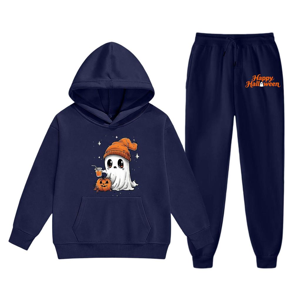 Kids Halloween Hoodie and Sweatpants Set Ghost Pumpkin Print Hooded Sweatshirt and Matching Bottoms Comfortable Fit for Boys and Girls
