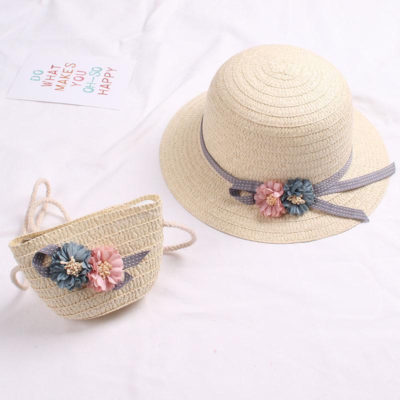 Cute Bowknot Flower Kids Straw Hat + Straw Crossbody Bag Set Baby Outdoor Sun Hat Summer Beach Straw Cap Straw Rattan Bag