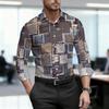 Men's Shirt with Geometric Block Print, Slim Fit, Business Commuting Long Sleeved Shirt, Spring and Autumn Trendy Casual Top