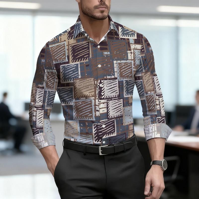 Men's Shirt with Geometric Block Print, Slim Fit, Business Commuting Long Sleeved Shirt, Spring and Autumn Trendy Casual Top