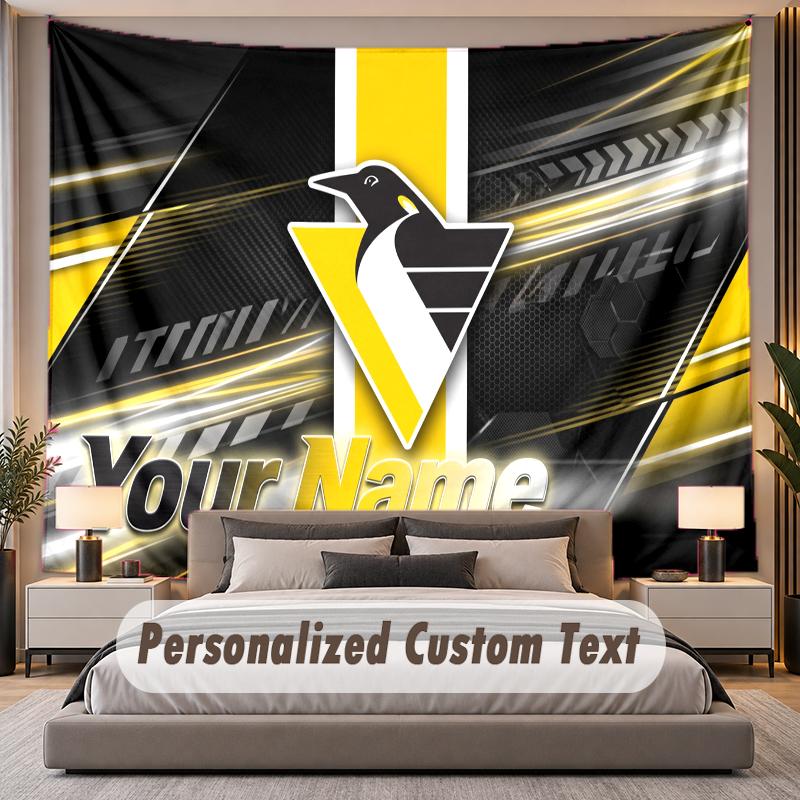 Custom Name Text Tapestry Pittsburgh Penguins Personalized Polyester Wall Tapestry For Bedroom And Room