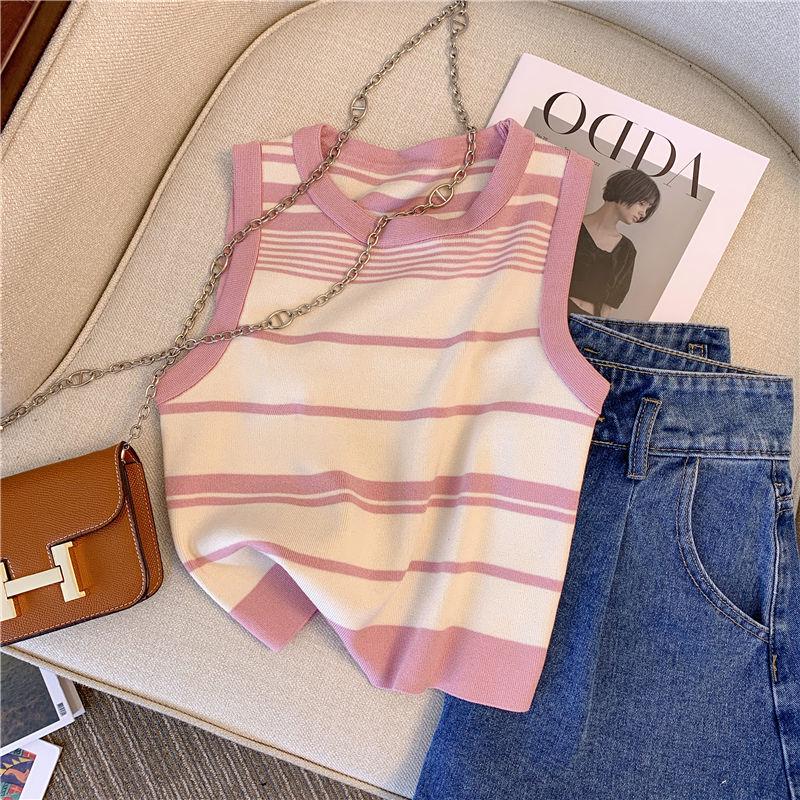 Korean Style Sweet Striped Crop Knit Tank Top - Sleeveless & High Waist Summer Blouse