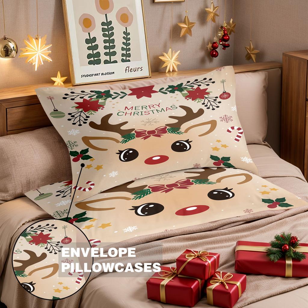 3pcs Christmas Cute Reindeer Printed Chipless Bedding Set, Multi Size Bedding Decoration for Bedrooms and Dormitories, Machine W