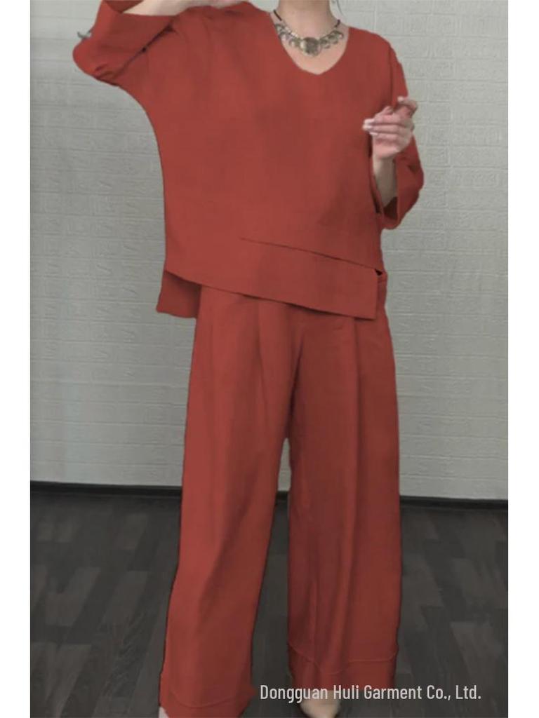 2025 Euro-American Style Solid Color Casual Two-Piece Set: Crew Neck Top & Mid-Waist Pocket Pants