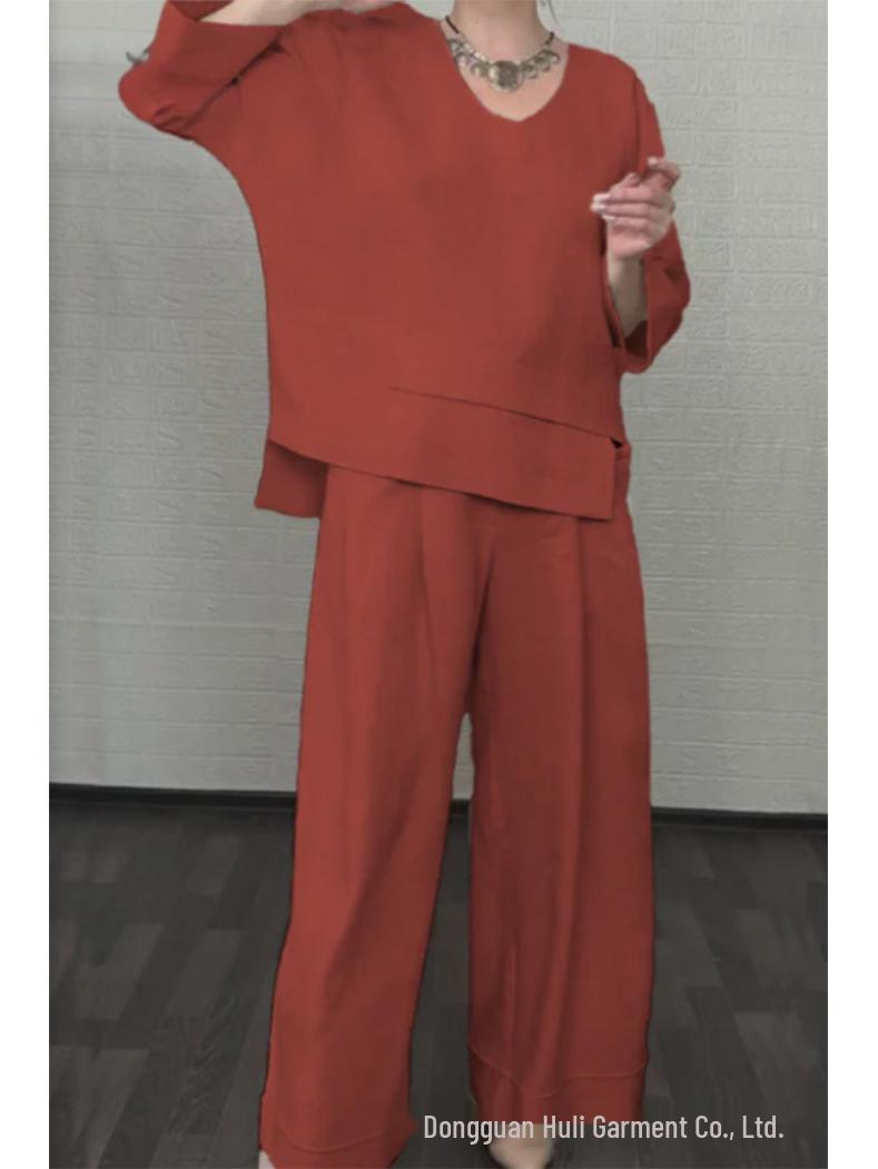 

2025 Евро-американский стиль Однотонный Повседневный Комплект из двух предметов: Топ с круглым вырезом и брюки с карманами средней посадки XXXL