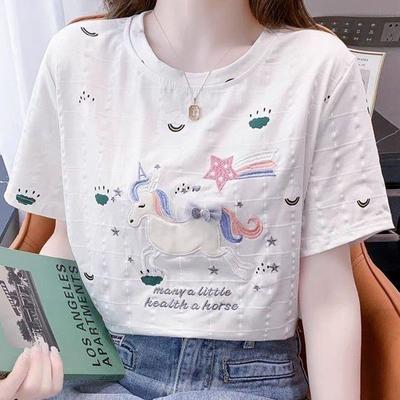 Mulheres Verão Manga Curta O Pescoço Desenho Animado Bordado Moda T Camisa Blusa Top