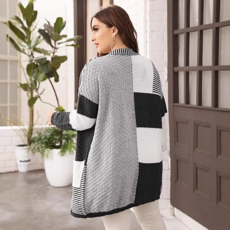 Large size women's clothing, European, American autumn and winter knitted cardigan, new striped wool knitted sweater, fashionable and versatile