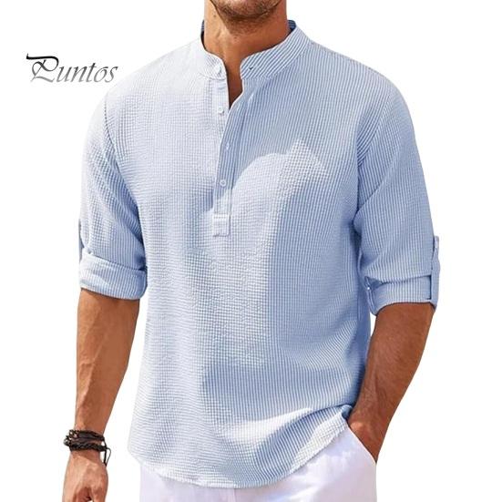 Men Shirt Long Sleeve with Cufflink Stand Collar Half Single-breasted Pullover Mid Length Solid Color Plus Size Daily Office Business Top