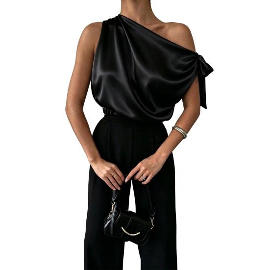 Dames Blouse Schuine Schouder Asymmetrisch Off-Shoulder Strik Blouse Casual Kantoorstijl Losse Pasvorm Satijnen Tops Dagelijkse Kleding