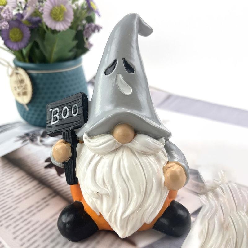 Halloween Pumpkin Gnomes with Witch Hat Miniature Ornament Resins Craft Figurine Ornament for Home Garden Decoration
