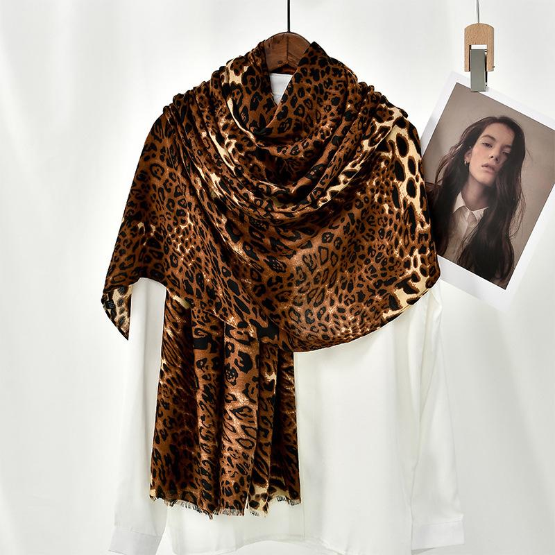 Fashion New Human Cotton Splicing Leopard Print Satin Long Scarf Spring and Autumn Thin Scarf Versatile Silk Scarf Shawl