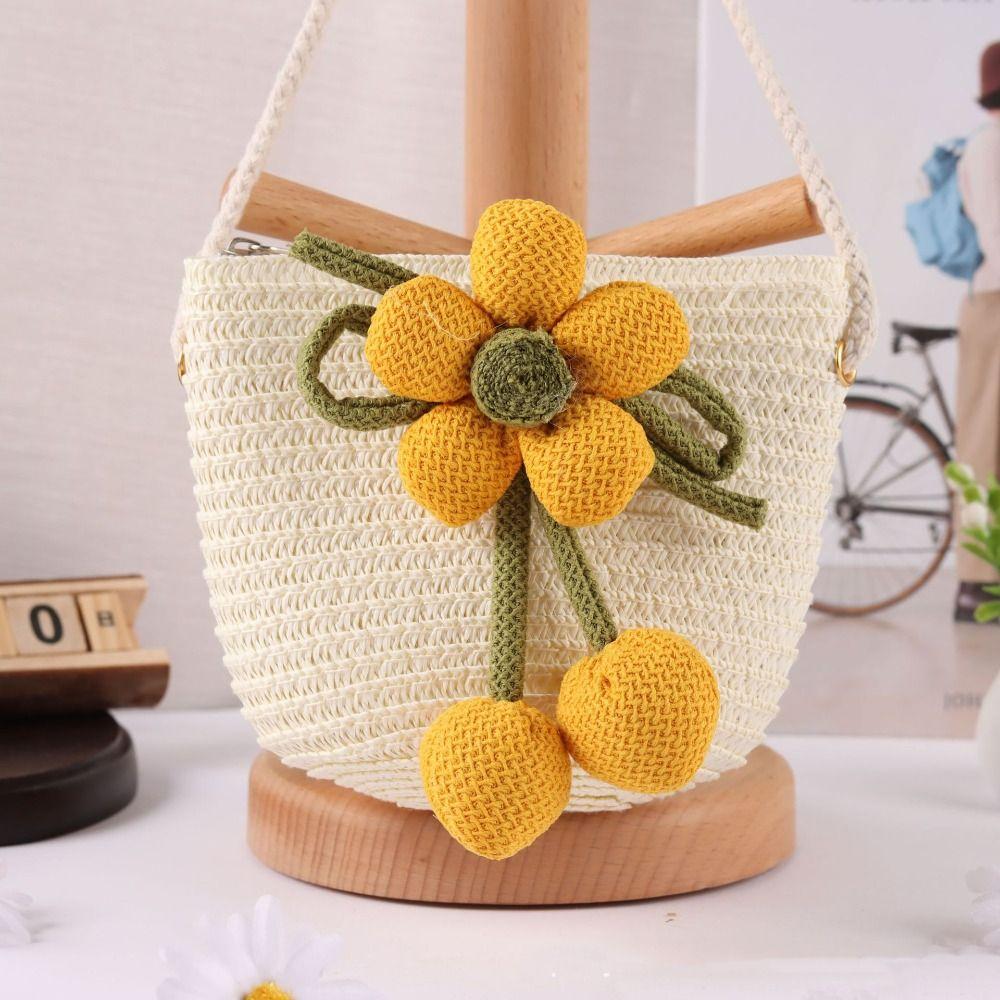 Cute Flower Straw Bag Mini Colorful Summer Beach Shoulder Bag Handmade Zipper Coin Purse