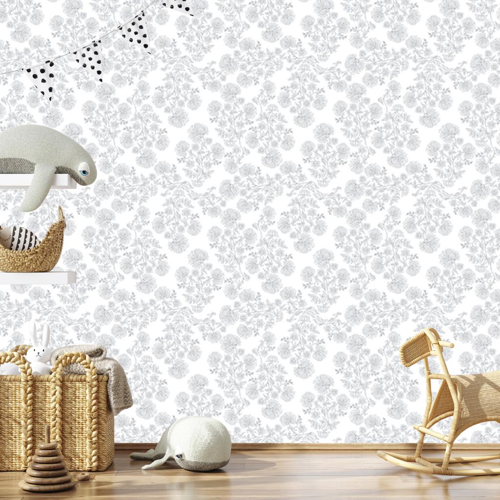 Wallpaper Flowers white and light gray, clear detail 50x1000