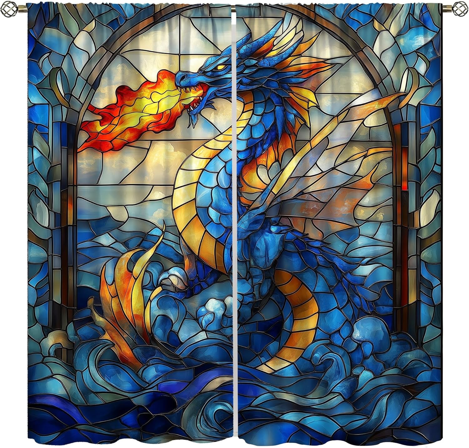 

Blue Dragon Curtains Mythological Medieval Stained Glass Mural Flame Magic Flying Windows Treatments Vintage Made Of Polyester W100*H70(CM)-Grommet top&2PCS