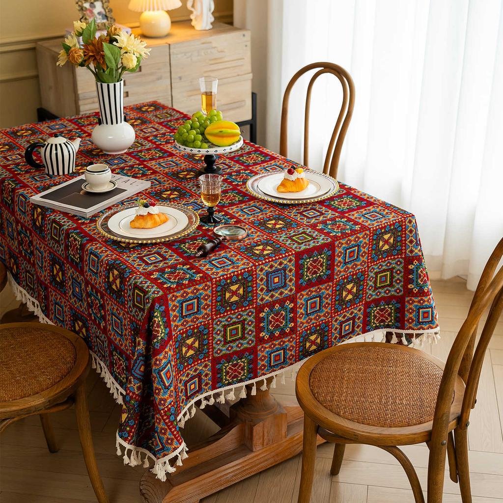 Retro Tablecloth Premium Dining Table Cloth Color Woven Jacquard Coffee Table Cloth Rectangle Tablecloth Geometric Cover Towel