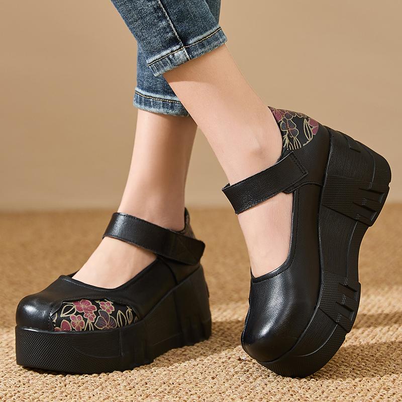 Fashion GKTINOO Thick Soled Heightening Pumps 2025 Spring New Genuine Leather Hook & Loop Versatile Retro Women's Platform Shoes
