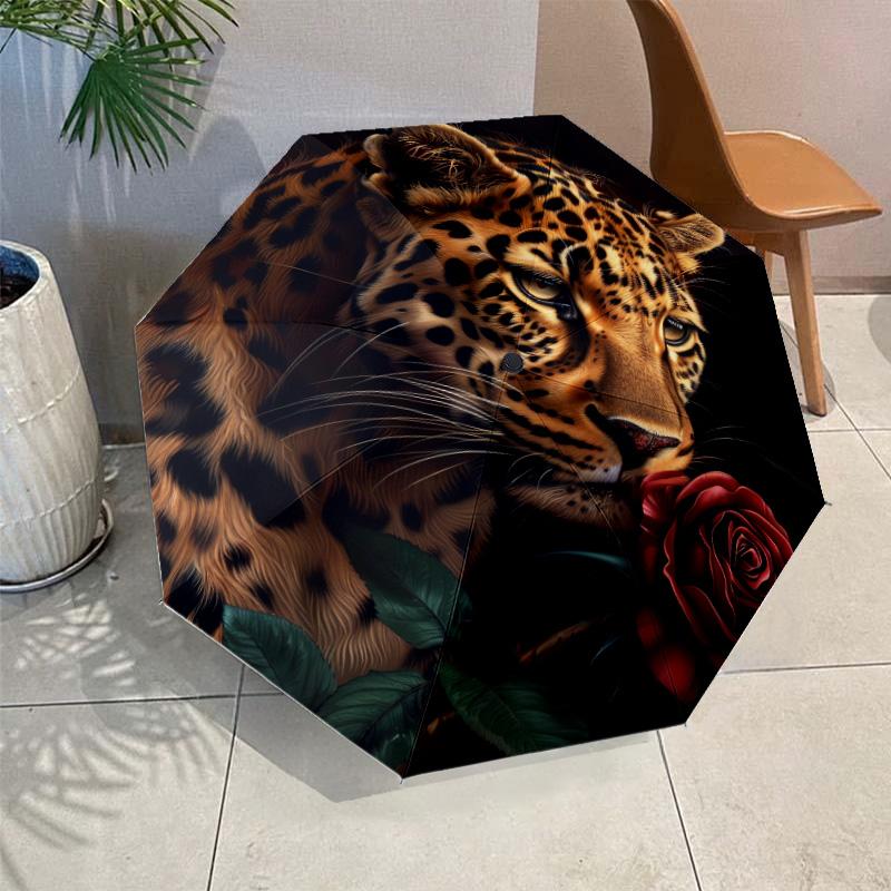Snow Leopard Black Panther Folding Umbrella Auto-Open Design 8 Iron Ribs Plastic Handle Foldable Sunshade Perfect Christmas Gift