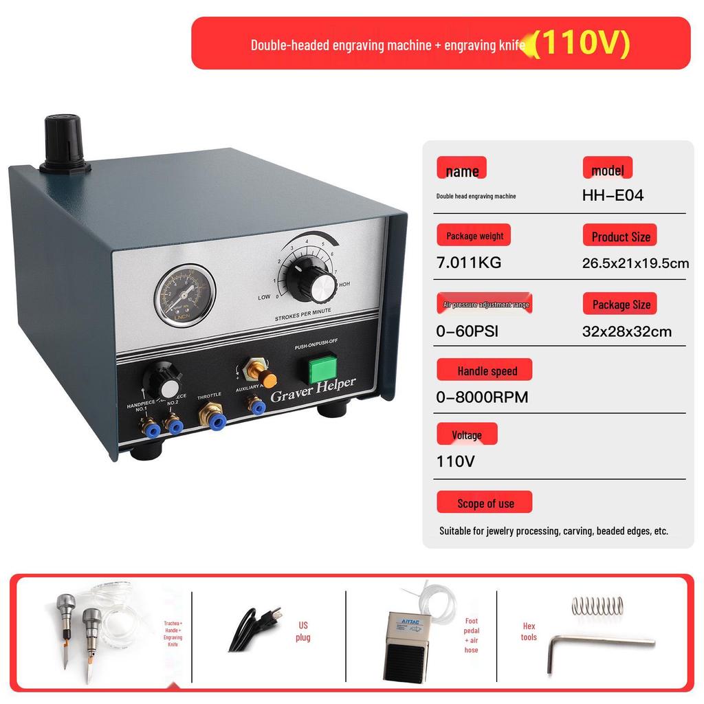 Double-Head Pneumatic Engraving Machine for Jewelry, Beading, and Inlay on Gold, Silver, and Copper.