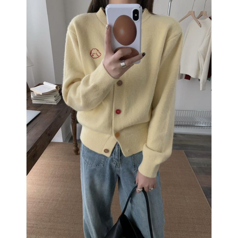 Korean Style Embroidered Puppy Knit Cardigan - Women's Versatile Round Neck Long Sleeve Sweater for Autumn/Winter