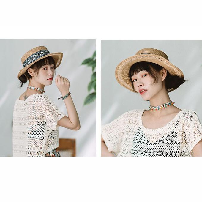 WTEMPO Women Summer Sun Protection Flat Top Straw Hat Travel and Tourism Sunshade Beach Hat