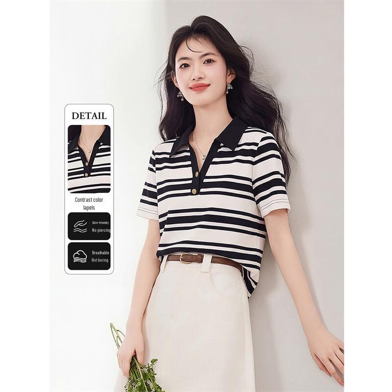 Chic Striped Polo Collar T-Shirt M