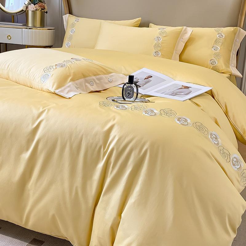 Light Luxury 60-Count Long-Staple Cotton Bedding Set: Solid Color Embroidered 4-Piece (Bed Sheet & Quilt Cover) Pure Cotton.
